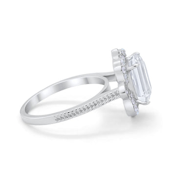 Halo Emerald Cut Engagement Ring Simulated Cubic Zirconia 925 Sterling Silver